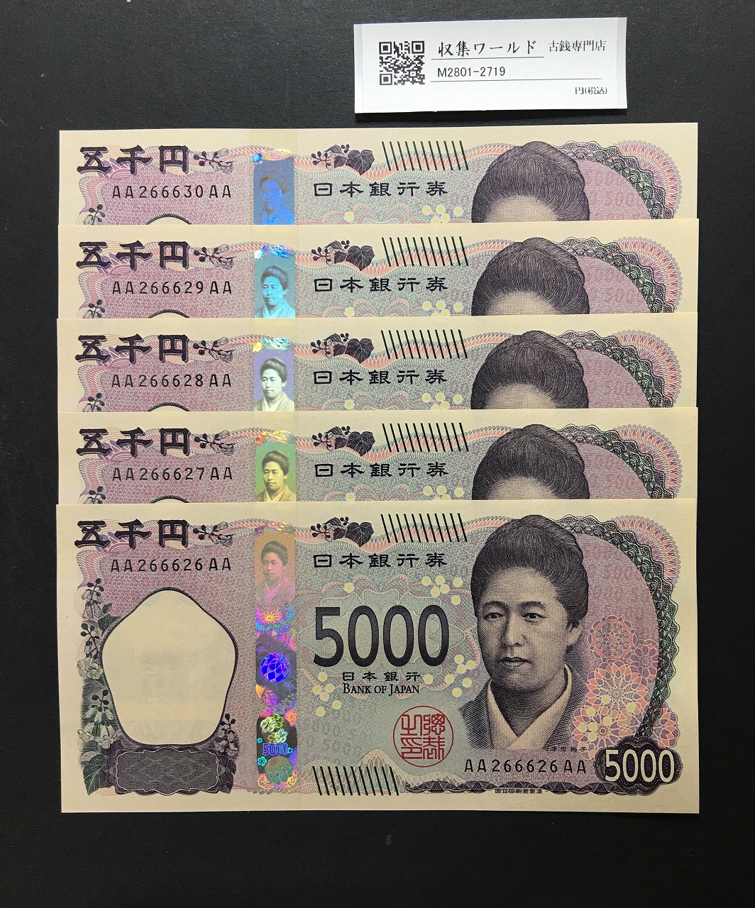 津田 5000円紙幣  AA-AA券 2024年銘 AA266626〜30AA 完未品 5枚セット
