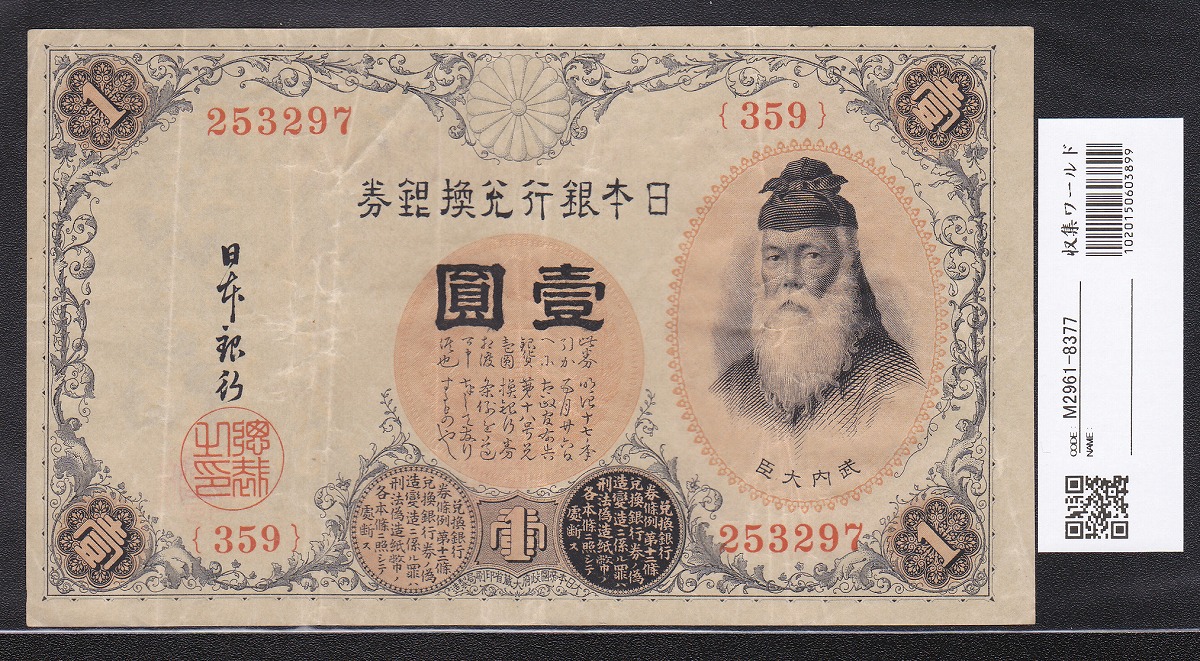 大正兌換銀行券 武内宿禰 壱圓 1916年銘 流通済み美品 11-37(紙9D)